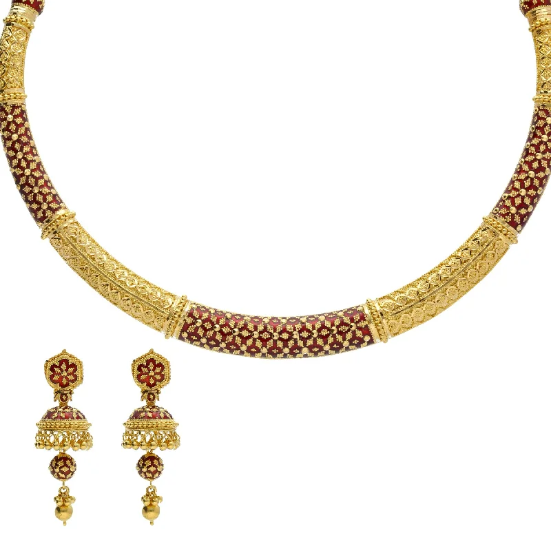 women’s chain necklaces-22K Yellow Gold Hasdi Necklace & Jhumki Earrings Set W/ Patterned Red Enamel Hand Paint & 'Snowflake' Design