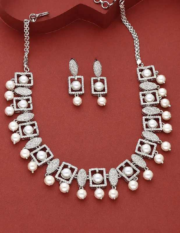 women’s cross necklaces-Designer Zirconia Rhodium Pearl Necklace Set