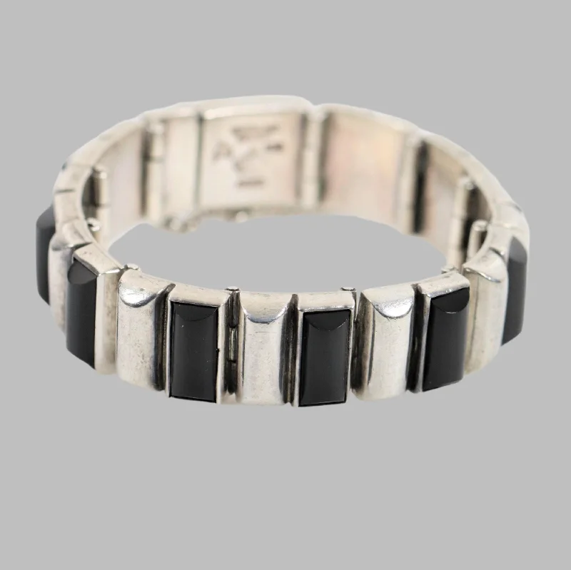 women’s charm bracelets-Antonio Pineda Bracelet | Taxco Mid-Century Modernist Hinged Onyx | Vintage 970 Sterling Silver Mexico