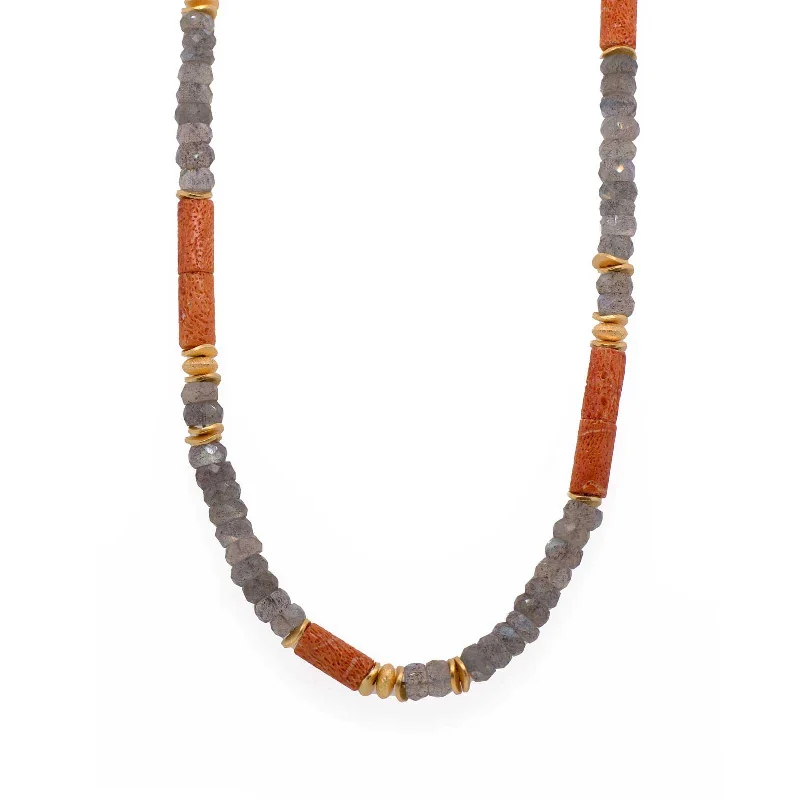 women’s silver charm necklaces-Labradorite and Coral Bead Necklace, 24 Karat Vermeil