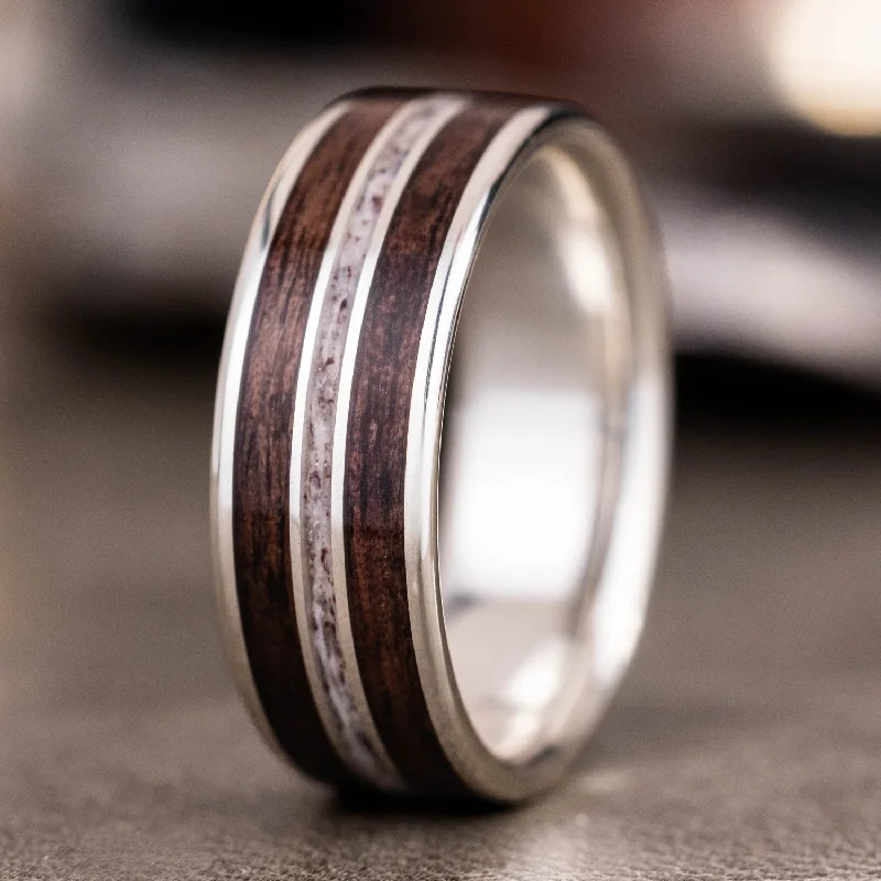 women’s halo engagement ring with diamond-The Stag in Silver | Men's Silver Elk Antler Wedding Band with Walnut Wood