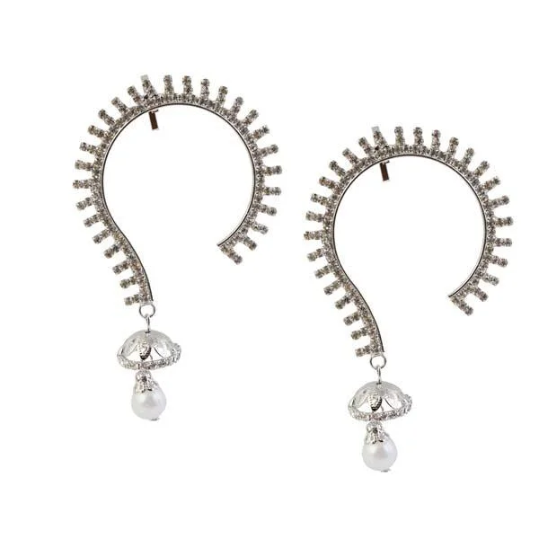 women’s moon earrings-Tip Top Fashions White Austrian Stone Rhodium Plated Ear Cuff - 1303809