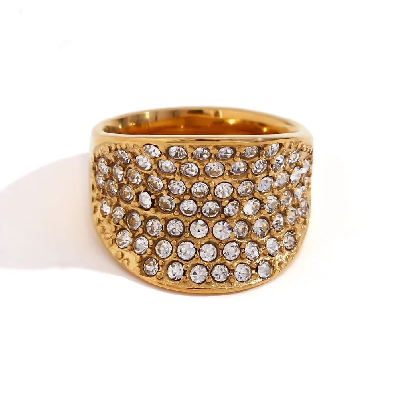 Wide Concave Full Diamond Index Finger Ring - Gold Size 6