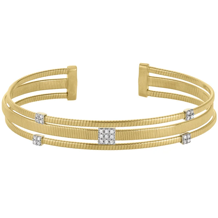 women’s thin bangles-Gold Finish Sterling Silver Three Cuff Bracelet with Rhodium Finish Simulated Diamond Square and Round