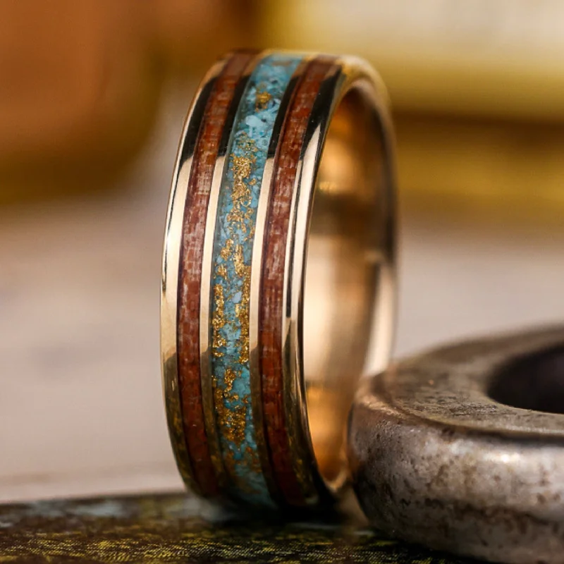 women’s modern engagement rings-The Santa Fe | Men's Gold Wedding Band with Turquoise, Gold Flakes & Black Cherry Wood