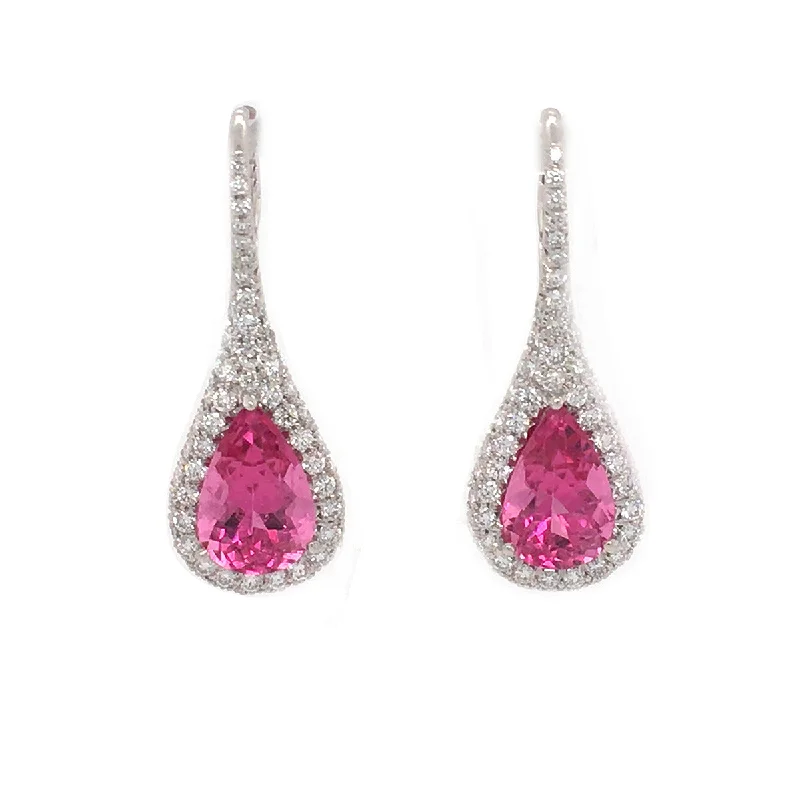 women’s amethyst earrings-Pear Rubellite and Diamond Halo Drop Earrings