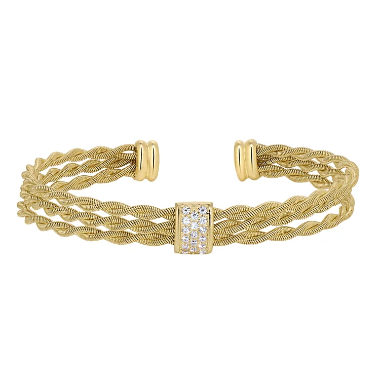 women’s engraved bracelets-Gold Finish Sterling Silver Tightly Twisted Three Cable Cuff Bracelet with Central Bar with Simulated Diamonds