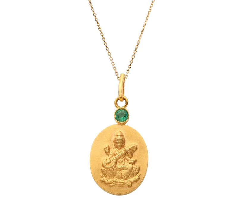 women’s charm pendant necklaces-18kt Gold Saraswati Istha Devata Penant Necklace with Emerald Mount