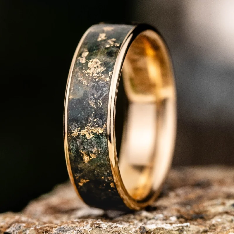 women’s unique diamond engagement rings-The Shenandoah | Men's Gold Moss Agate Wedding Band with Gold Flakes - Wide Channel