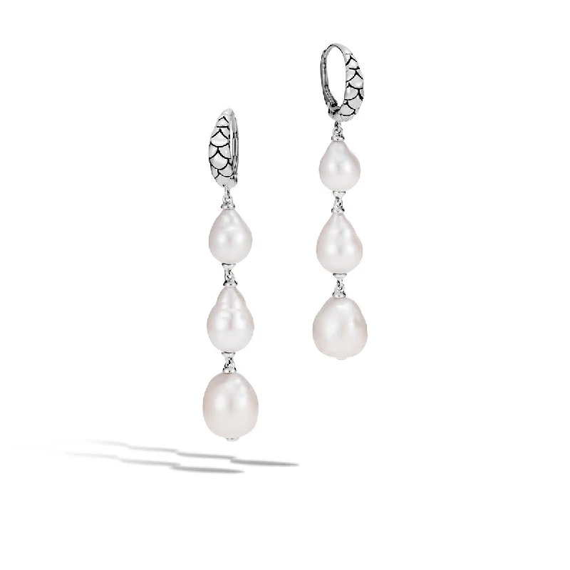 women’s bold earrings-Legends Naga Silver Long Dangle Earrings with Baroque Pearl