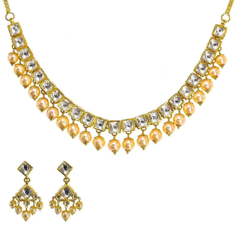 women’s handmade necklaces-22K Yellow Gold Kundan Necklace & Earrings Set W/ Hanging Pearls, 59.1g