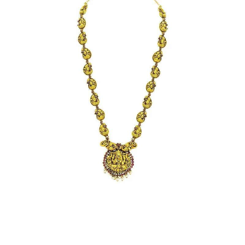 women’s religious necklaces-22K Yellow Gold Antique Temple Necklace W/ Ruby, Hanging Pearls & Mango Shaped Peacock Accents