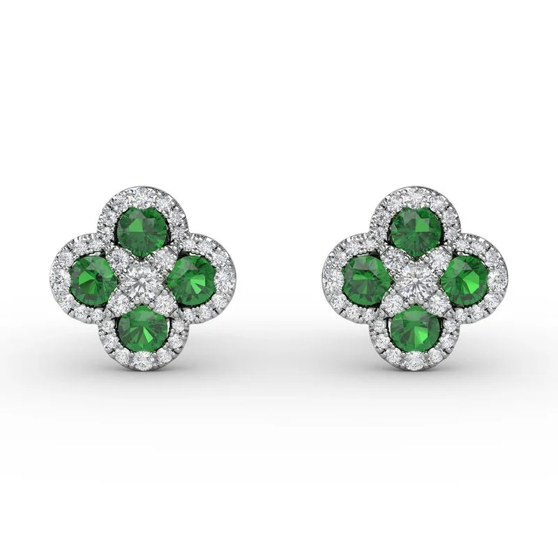 women’s dangle earrings-FANA Emerald and Diamond Cluster Studs ER1643E