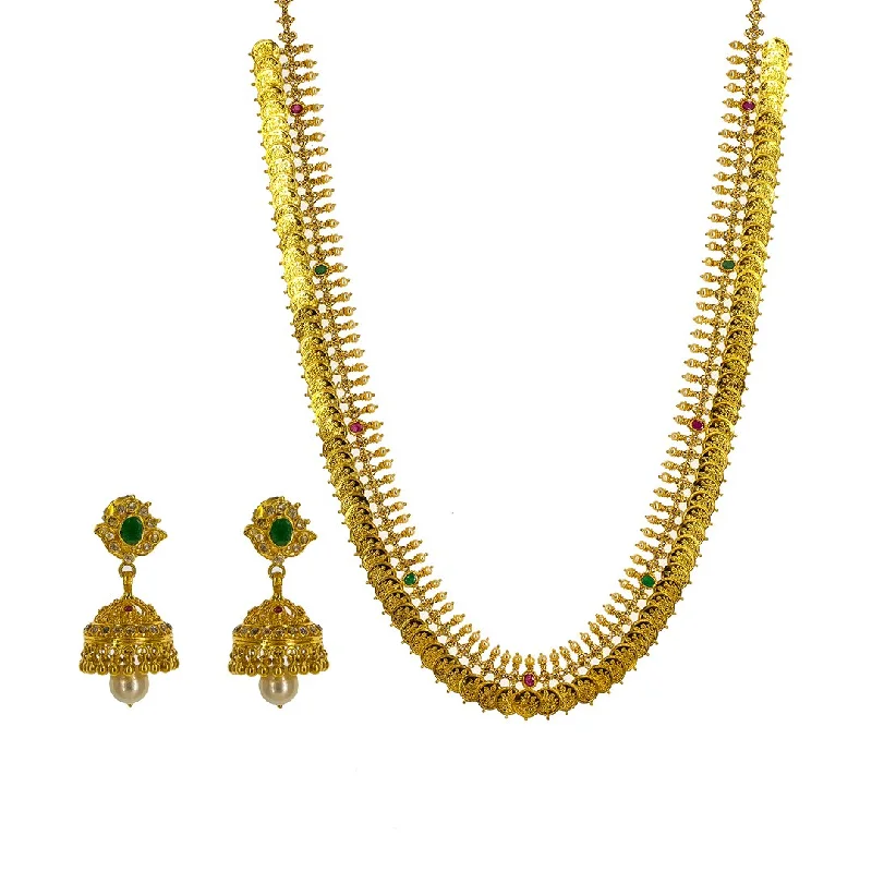 women’s gemstone-studded necklaces-22K Yellow Gold Uncut Diamond laxmi Necklace Set W/ 11.94ct Uncut Diamonds, Rubies, Emeralds, Pearls & Laxmi Kasu