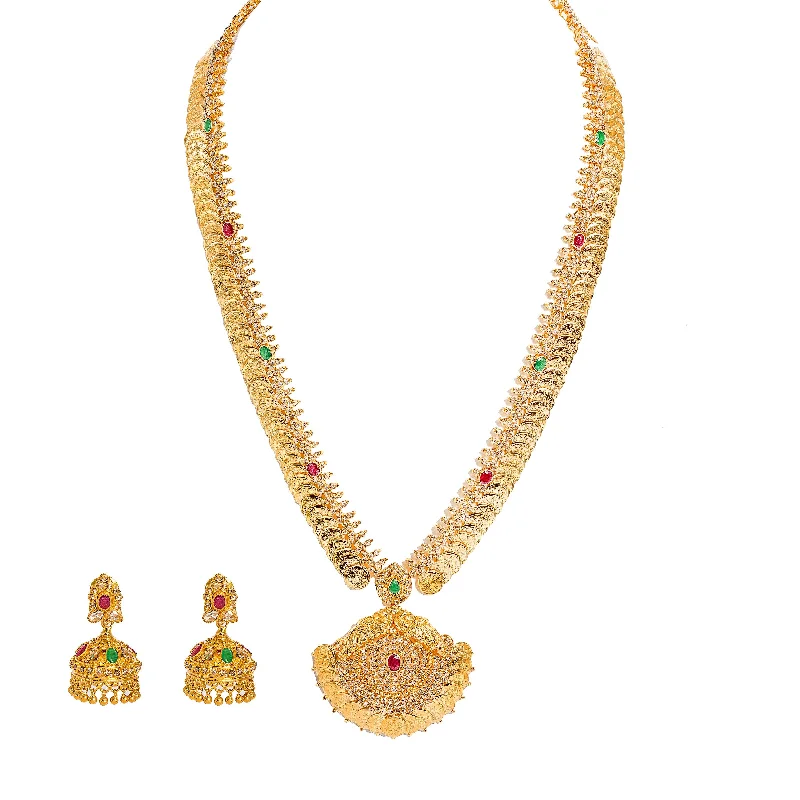 women’s bar necklaces-22K Yellow Gold Diamond Necklace & Jhumki Drop Earrings Set W/ 18.77ct Uncut Diamonds, Rubies, Emeralds, Laxmi Kasu & Large Eyelet Pendant