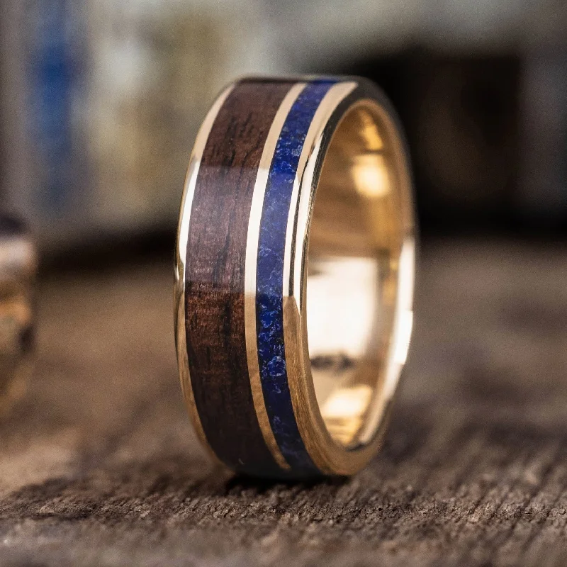 women’s romantic engagement rings-The Guide | Men's Gold Wedding Band with Lapis Lazuli and Antique Walnut Wood