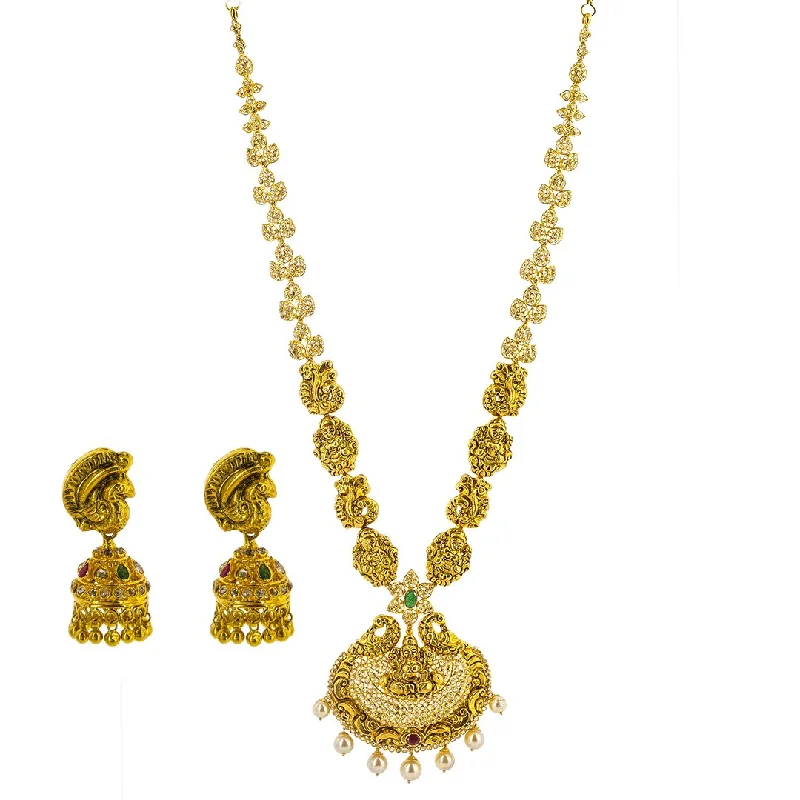 women’s heart pendant necklaces-22K Yellow Gold Uncut Diamond Laxmi Necklace & Jhumki Earrings Set W/ 12.05ct Uncut Diamonds, Rubies, Emeralds & Drop Pearls