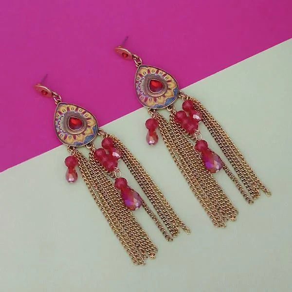 women’s double hoop earrings-Urthn Maroon Stone Chain Drop Tassel Earrings - 1311828B