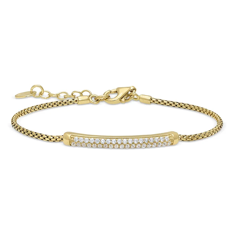 women’s vintage bangles-Gold Finish Sterling Silver Micropave Bracelet with Two Rows of Simulated Diamonds - 7"-8" Adjustable Rounded Box Chain