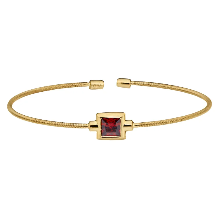 women’s diamond bracelets-Gold Finish Sterling Silver Cable Cuff Bracelet with Princess Cut Simulated Garnet Birth Gem