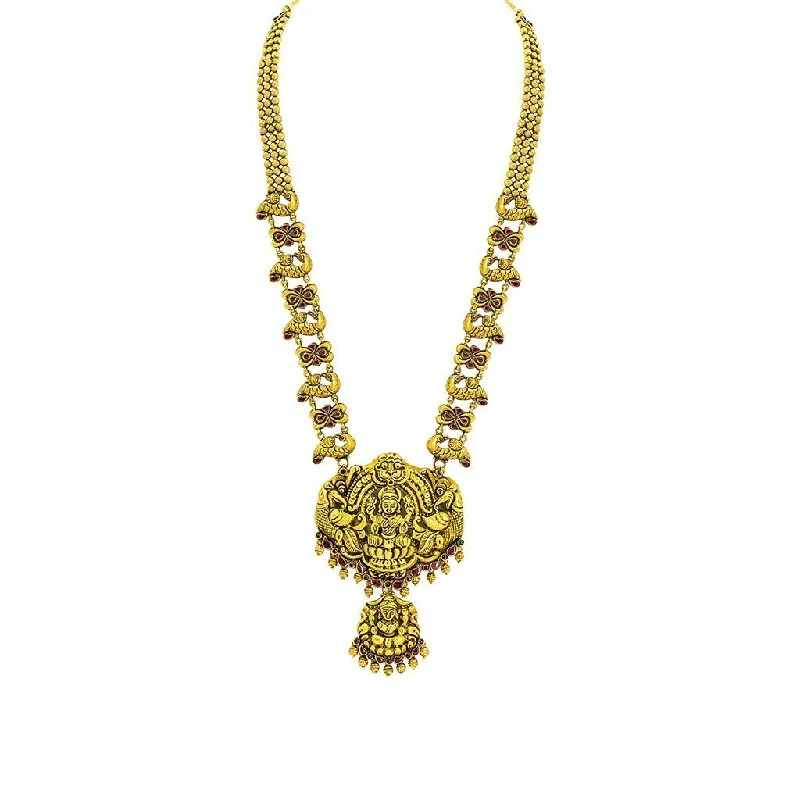 women’s trendy silver necklaces-22K Yellow Gold Antique Temple Necklace W/ Ruby, Emerald, Laxmi Pendants & Open Peacock Accents