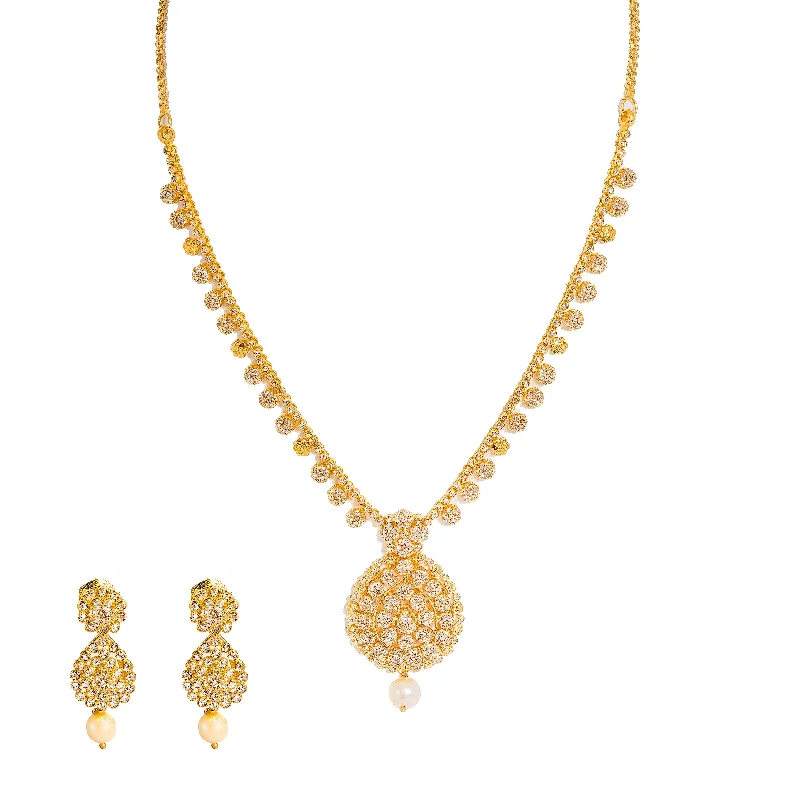 women’s floral pendant necklaces-22K Yellow Gold Diamond Necklace & Earrings Set W/ 10.85ct Uncut Diamonds, Pearls & Clustered Flower Designs