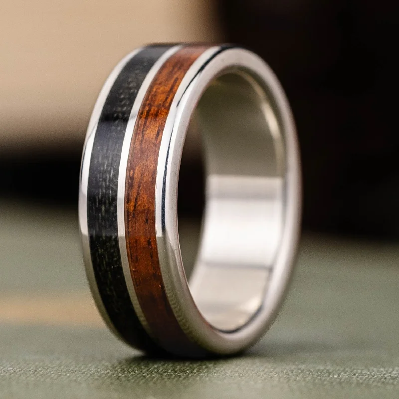 women’s minimalistic engagement rings-The Pacific | Men's Silver Wedding Band with Koa Wood & Air Force Flight Suit