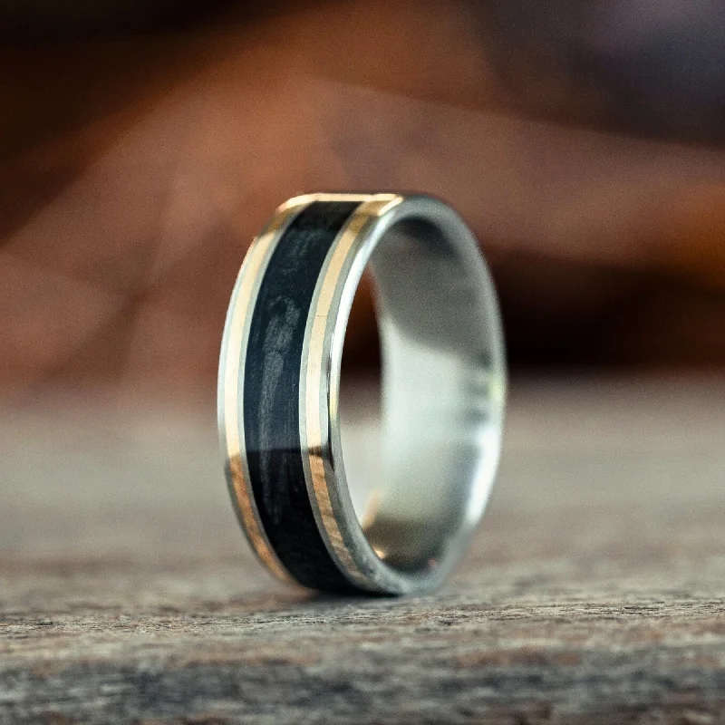 women’s wedding and engagement rings-The Oxford Don | Men's Black Whiskey Barrel & Titanium Wedding Band with Dual Metal Inlays