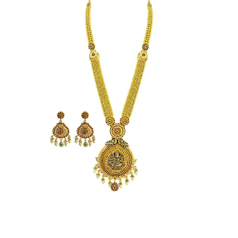 women’s long pendant necklaces-22K Yellow Gold Necklace & Earrings Set W/ Ruby, Emerald, CZ & Pearls on Plunging Beaded Chain