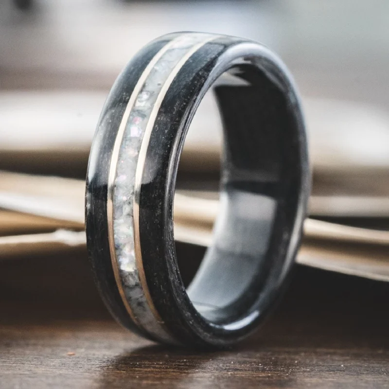 women’s affordable gemstone engagement rings-The Whiskey Ridge | Men's Black Whiskey Barrel Wood Wedding Band with Mother of Pearl & Metal Inlays