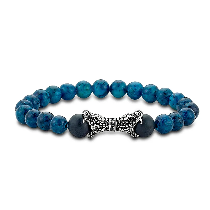 women’s sparkly bracelets-Samuel B. Tarakan Sterling Silver Double Snake Head Turquoise & Onyx Bead Bracelet