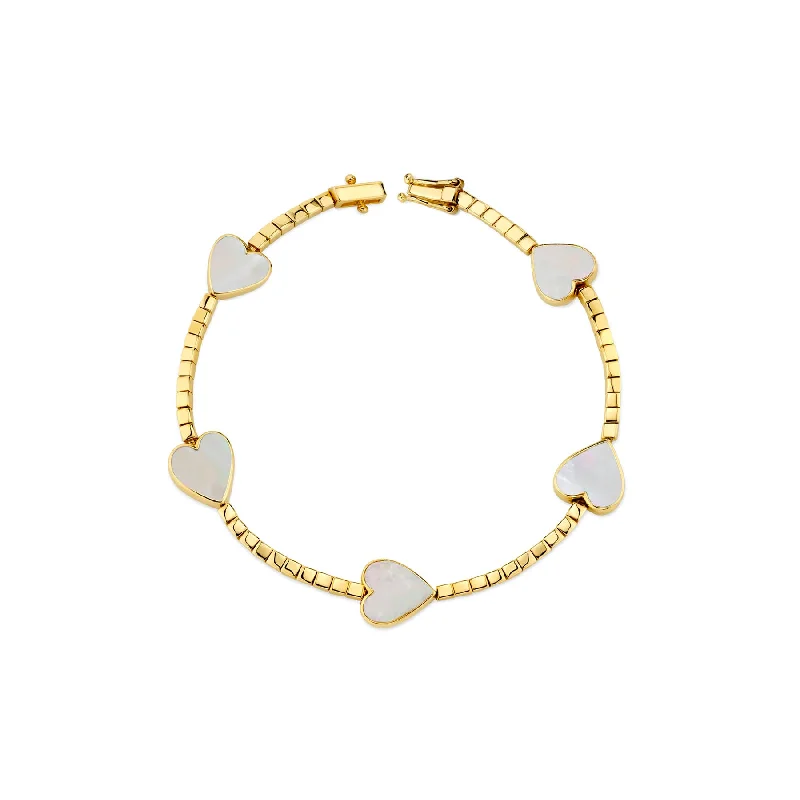 women’s bracelets-Heart Tennis Bracelet - Mother of Pearl / 14k Yellow Gold