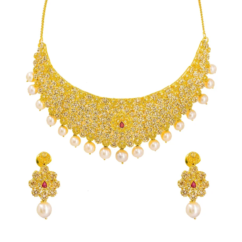 women’s circle necklaces-22K Yellow Gold Uncut Diamond Necklace & Earrings Set W/ Rubies, Pearls & Clustered Flowers on Choker Necklace