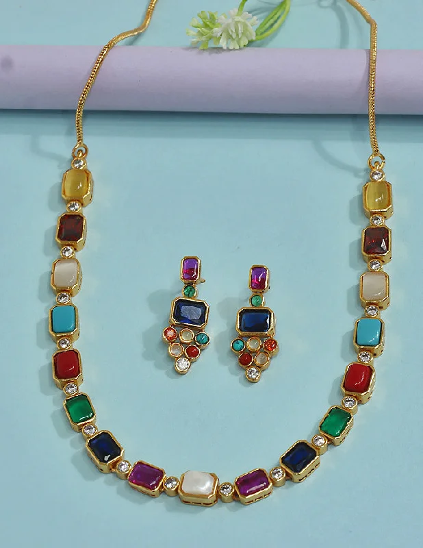 women’s inspirational necklaces-Designer Matt Plated Navaratna Necklace Set