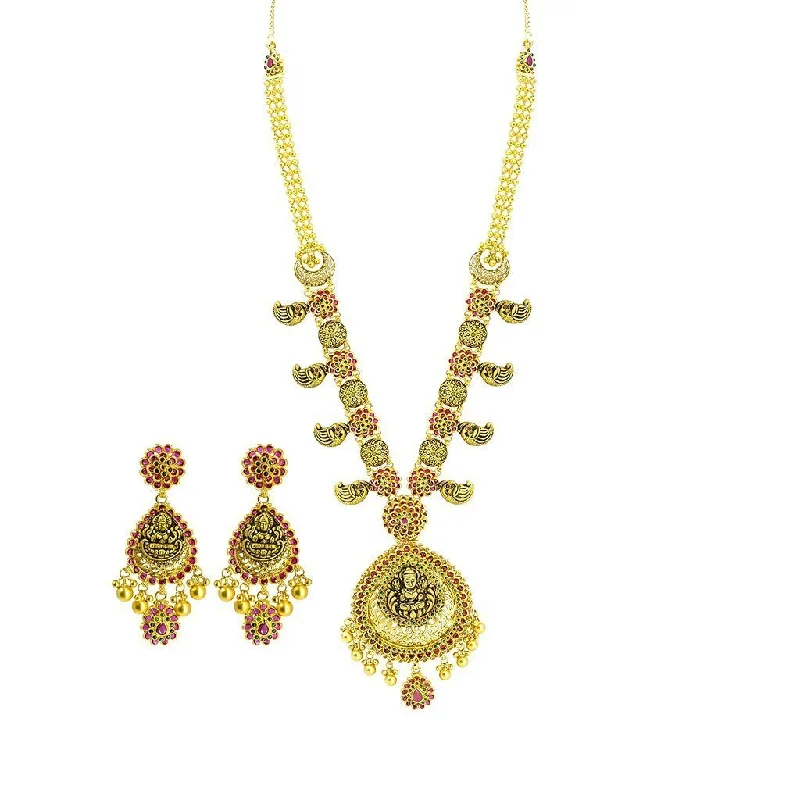 women’s charm pendant necklaces-22K Yellow Gold Necklace & Earrings Set W/ Ruby, Emeralds, Pear Shaped Laxmi Pendants & Floral Accents