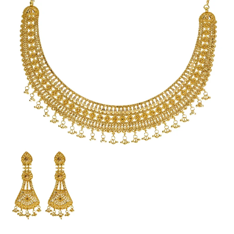 women’s floral pendant necklaces-22K Yellow Gold Necklace & Earrings Set W/ Beaded Filigree & Egyptian Collar Design