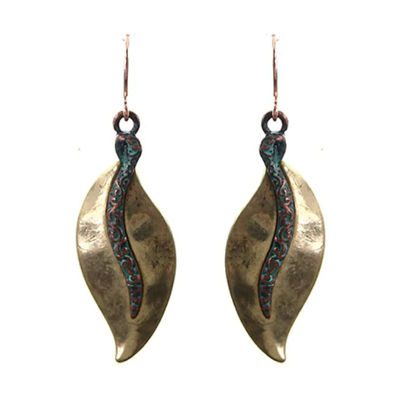 women’s leaf earrings-Gold Leaf Earrings With Filigree Patina Design