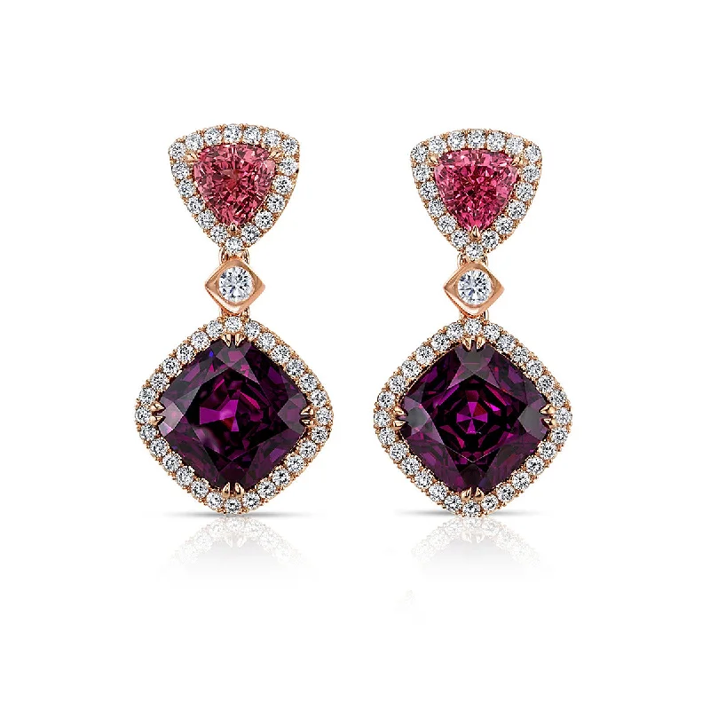 women’s chic earrings-Purple Garnet, Pink Spinel and Diamond Earrings