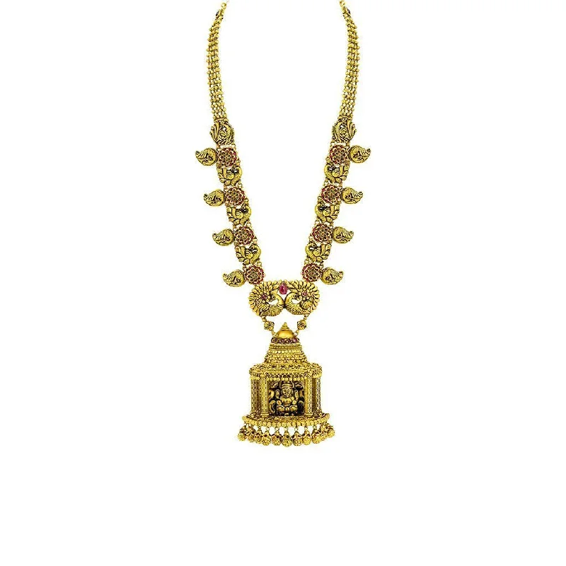 women’s vintage gold necklaces-22K Yellow Gold Necklace W/ Ruby, Emerald & Large Laxmi Temple Pendant on Flower Carved Chain