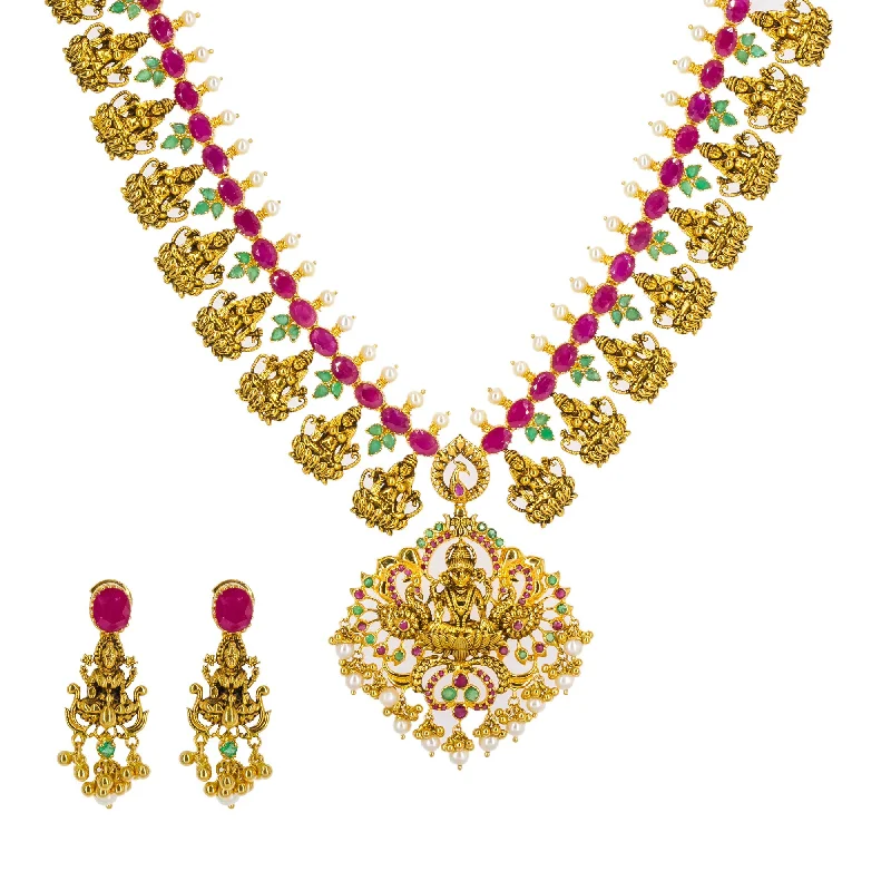 women’s emerald necklaces-22K Yellow Antique Gold Long Laxmi Necklace & Earrings Set W/ Rubies, Emeralds & Pearls