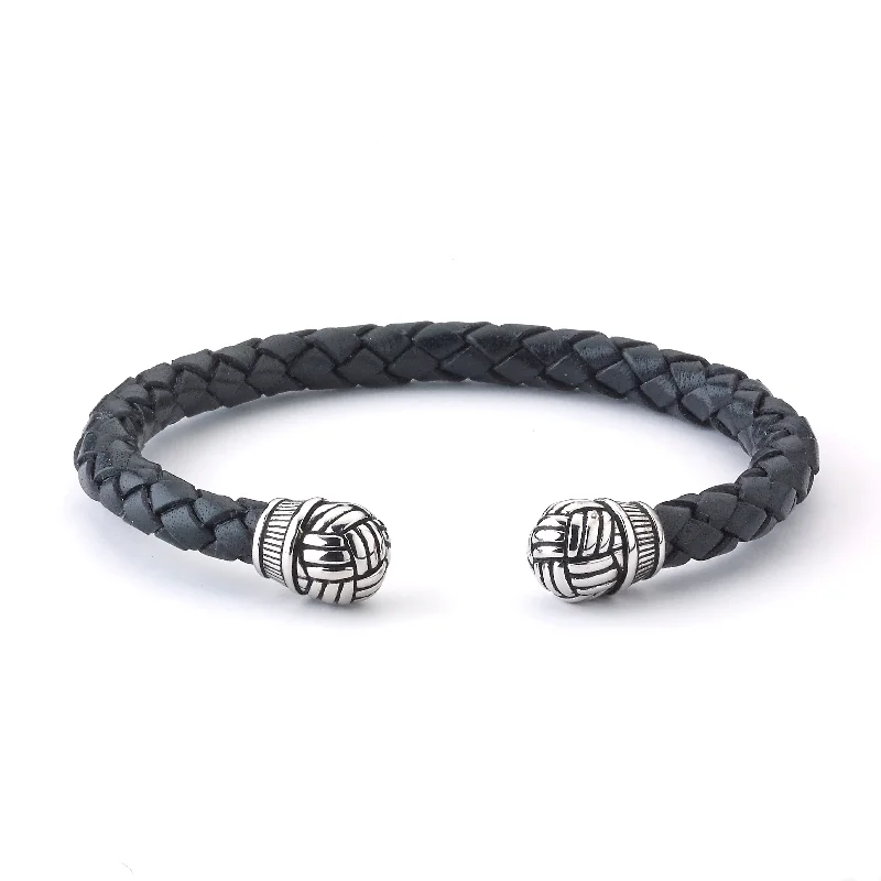 women’s multi-strand bracelets-Samuel B. Knit Black Leather Bangle w/ Sterling Silver Woven Design End Caps