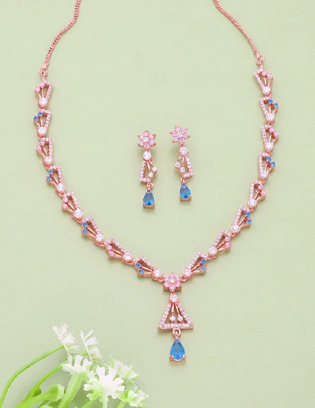 women’s heart pendant necklaces-Floral Design Rose Gold Zirconia Necklace Set