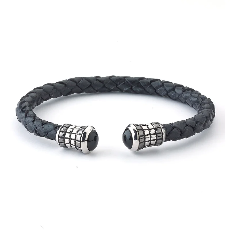 women’s adjustable bangles-Samuel B. Quest Black Leather Bangle w/ Sterling Silver Black Onyx End Caps