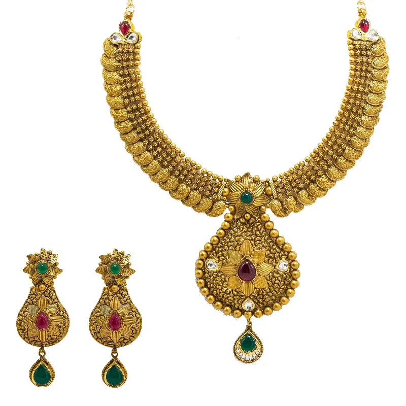 women’s heart-shaped pendant necklaces-22K Yellow Gold Temple Necklace & Earrings Set W/ Rubies, Emeralds, Kundan, Mango Accents & Large Pear Shaped Pendants