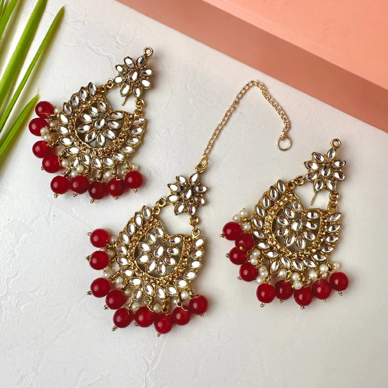 women’s chic earrings-Sameera Earrings/Teeka Set (Red)