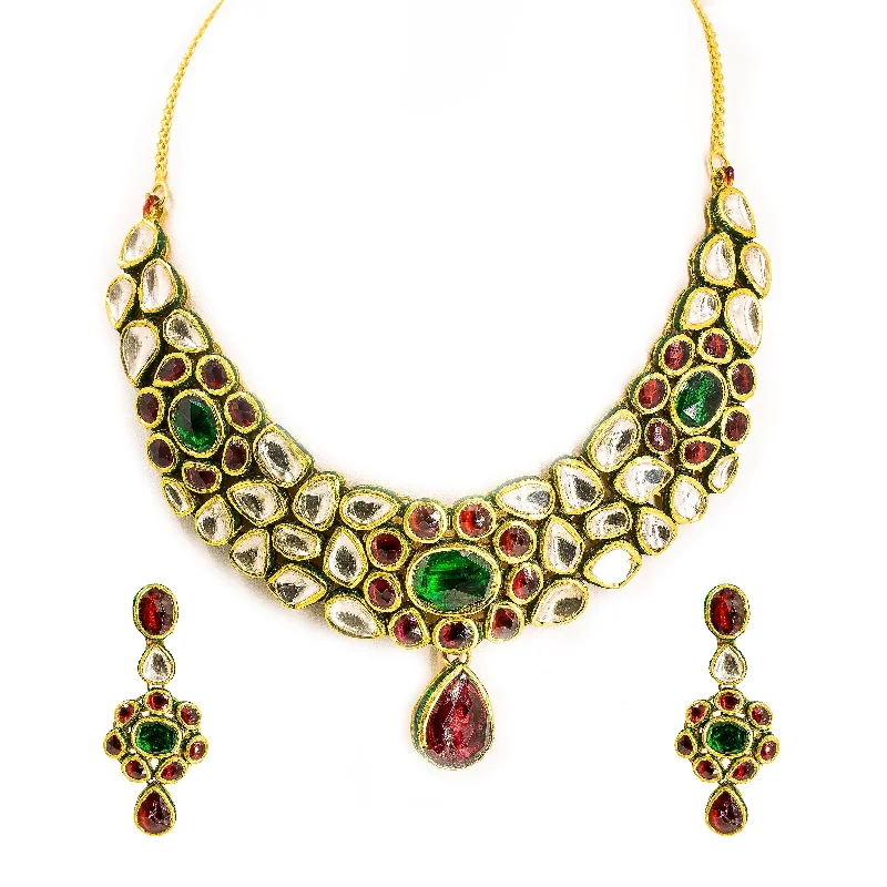 women’s charm necklaces-22K Yellow Gold Kundan Necklace & Earrings Set W/ Large Teardrop Pendant & Choker Necklace