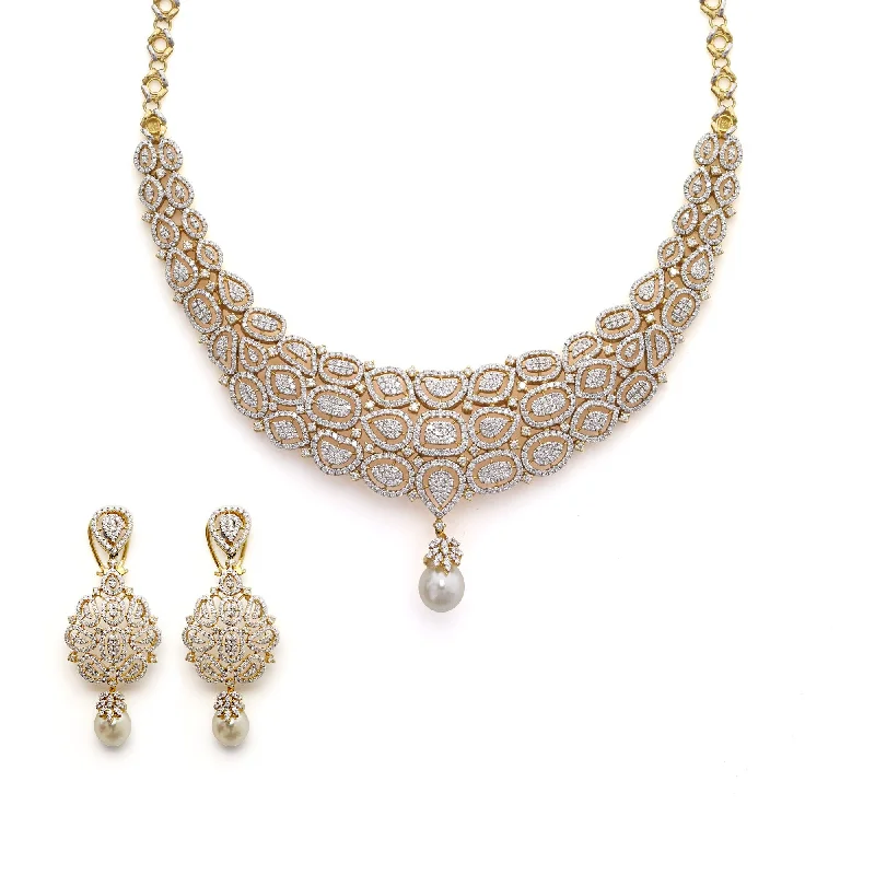 women’s layered diamond necklaces-18K Yellow Gold Diamond Necklace Set W/ 16.37ct VVS Diamonds, Drop Pearl & Heavy Paisley Design