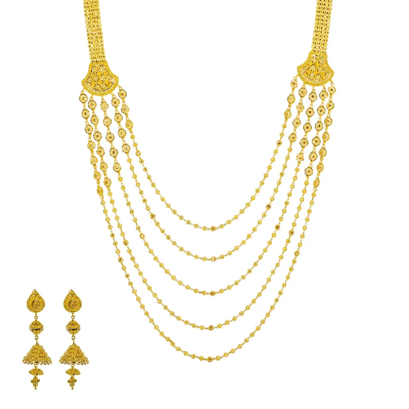 women’s birthday necklaces-22K Yellow Gold Long Necklace & Jhumki Earrings Set W/ Draping Gold Beaded Strands