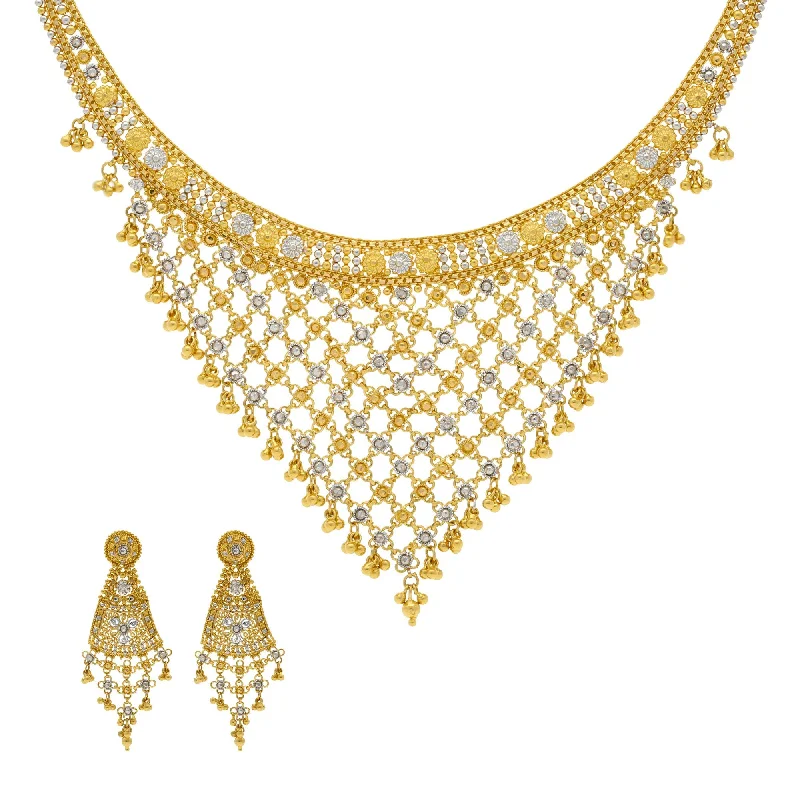 women’s layered charm necklaces-22K Yellow Gold Necklace with Temple shaped Earrings Set