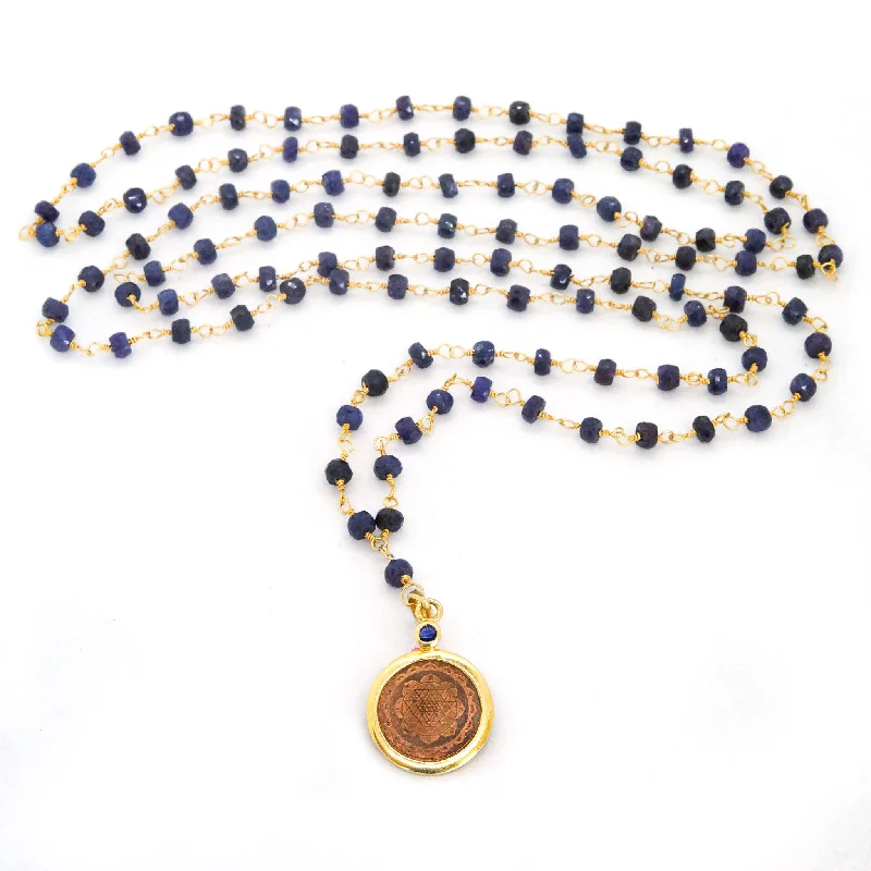 women’s inspirational necklaces-Blue Sapphire Sri Yantra Necklace